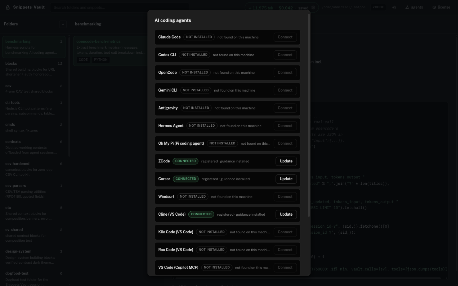 The agents dialog: a scan of the machine listing each AI coding tool with a status pill - connected, detected, or not installed