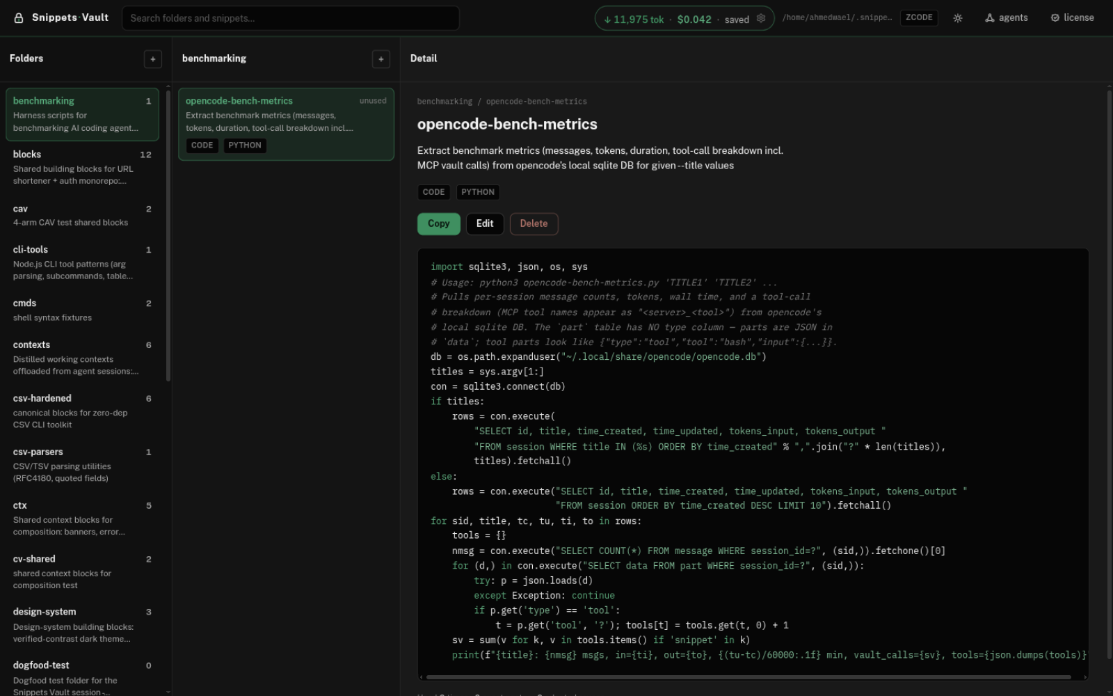 The Snippets Vault local web app: topbar with savings counter, agents and license buttons; folders, snippet list, and stored code